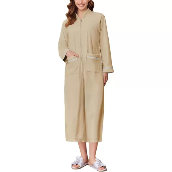 imageEkouaer Womens Zipper Robes Long Sleeve Loungewear Knee Length Housecoat Fleece Bathrobe with Pockets SXXLKhaki