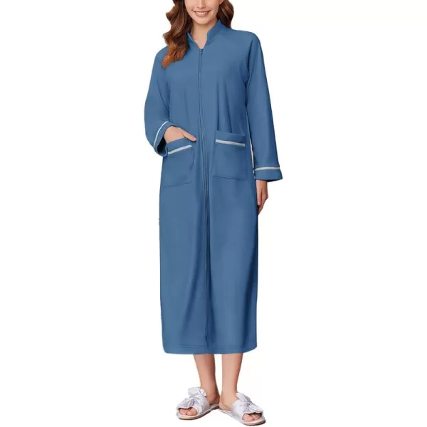 imageEkouaer Womens Zipper Robes Long Sleeve Loungewear Knee Length Housecoat Fleece Bathrobe with Pockets SXXLNavy Blue