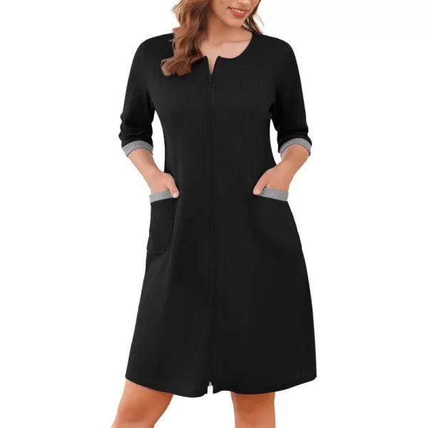 imageEkouaer Zip Up Robes for Women Short Waffle Bathrobe Lightweight Knee Length Housecoat with Pockets Nightgown S3XLBlack