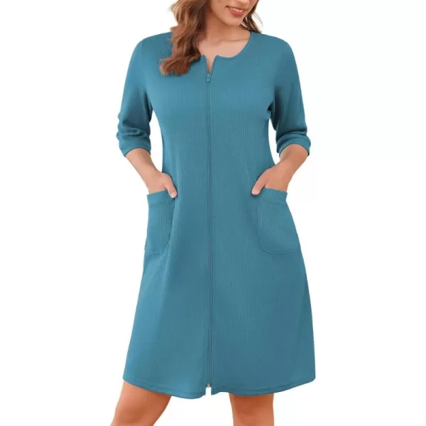 imageEkouaer Zip Up Robes for Women Short Waffle Bathrobe Lightweight Knee Length Housecoat with Pockets Nightgown S3XLDark Blue