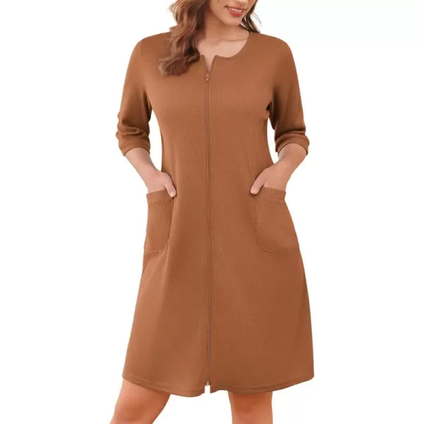 imageEkouaer Zip Up Robes for Women Short Waffle Bathrobe Lightweight Knee Length Housecoat with Pockets Nightgown S3XLDeep Khaki