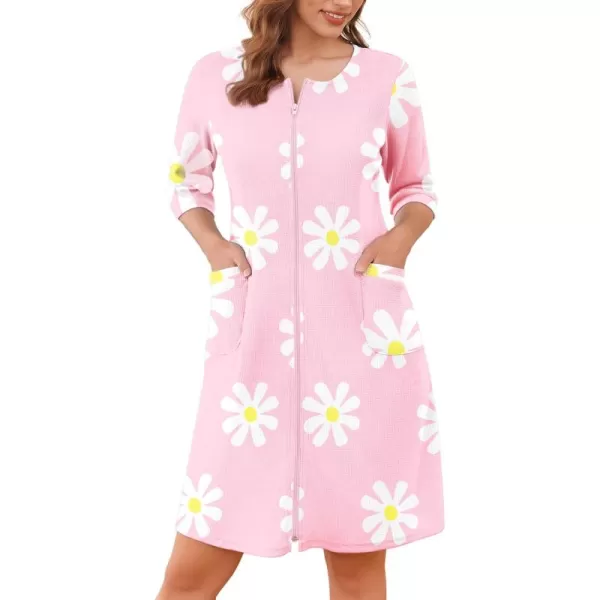 imageEkouaer Zip Up Robes for Women Short Waffle Bathrobe Lightweight Knee Length Housecoat with Pockets Nightgown S3XLFloral Pink