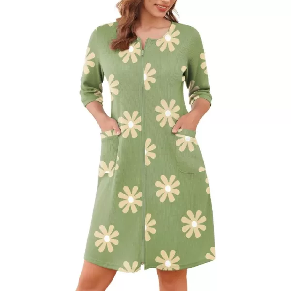 imageEkouaer Zip Up Robes for Women Short Waffle Bathrobe Lightweight Knee Length Housecoat with Pockets Nightgown S3XLGreen Floral