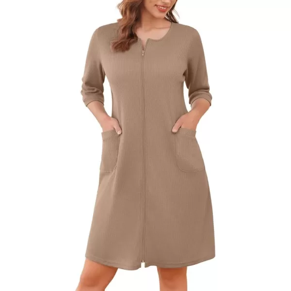 imageEkouaer Zip Up Robes for Women Short Waffle Bathrobe Lightweight Knee Length Housecoat with Pockets Nightgown S3XLKhaki