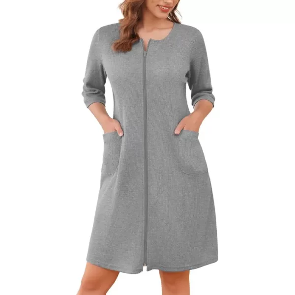 imageEkouaer Zip Up Robes for Women Short Waffle Bathrobe Lightweight Knee Length Housecoat with Pockets Nightgown S3XLLight Grey