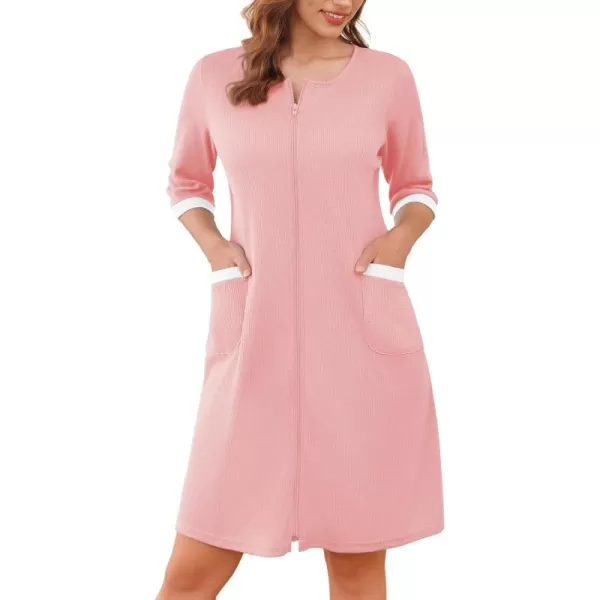 imageEkouaer Zip Up Robes for Women Short Waffle Bathrobe Lightweight Knee Length Housecoat with Pockets Nightgown S3XLLight Pink