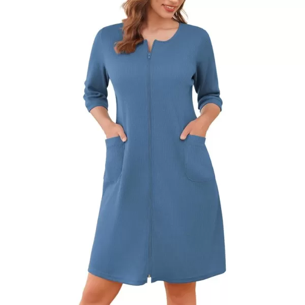 imageEkouaer Zip Up Robes for Women Short Waffle Bathrobe Lightweight Knee Length Housecoat with Pockets Nightgown S3XLNavy