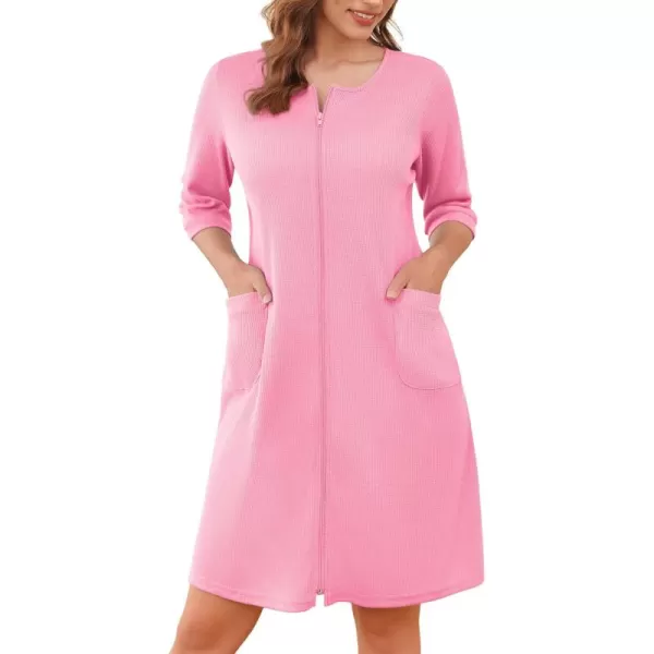 imageEkouaer Zip Up Robes for Women Short Waffle Bathrobe Lightweight Knee Length Housecoat with Pockets Nightgown S3XLPink