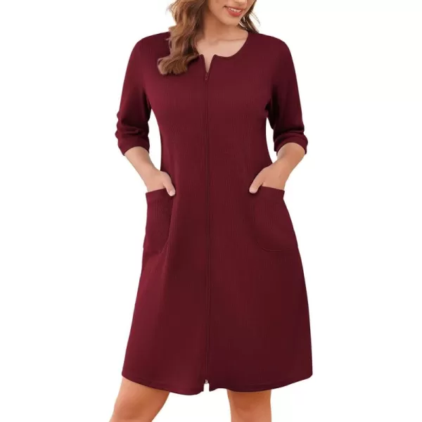 imageEkouaer Zip Up Robes for Women Short Waffle Bathrobe Lightweight Knee Length Housecoat with Pockets Nightgown S3XLRed