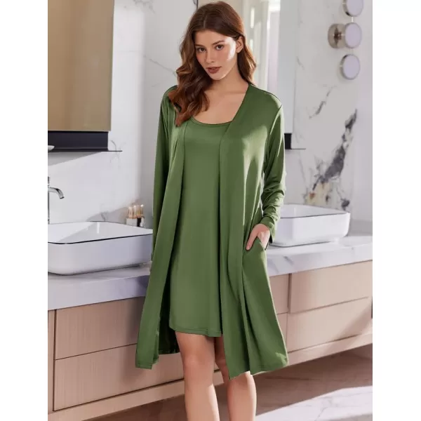 imageEkouaer Robe Sets for Women 2 Pieces Nightgown Long Sleeves Bathrobe Soft Sleepwear 2024 S2XLArmy Green