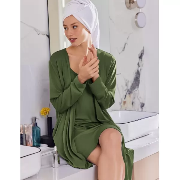 imageEkouaer Robe Sets for Women 2 Pieces Nightgown Long Sleeves Bathrobe Soft Sleepwear 2024 S2XLArmy Green