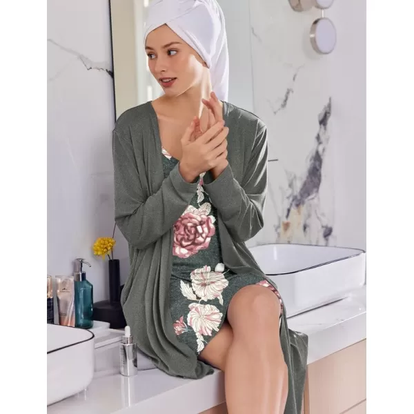 imageEkouaer Robe Sets for Women 2 Pieces Nightgown Long Sleeves Bathrobe Soft Sleepwear 2024 S2XLGrey Pink Floral