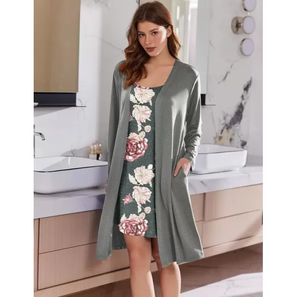 imageEkouaer Robe Sets for Women 2 Pieces Nightgown Long Sleeves Bathrobe Soft Sleepwear 2024 S2XLGrey Pink Floral