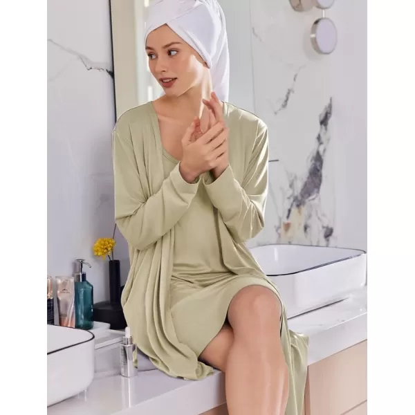 imageEkouaer Robe Sets for Women 2 Pieces Nightgown Long Sleeves Bathrobe Soft Sleepwear 2024 S2XLKhaki