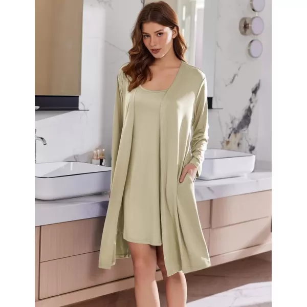 imageEkouaer Robe Sets for Women 2 Pieces Nightgown Long Sleeves Bathrobe Soft Sleepwear 2024 S2XLKhaki