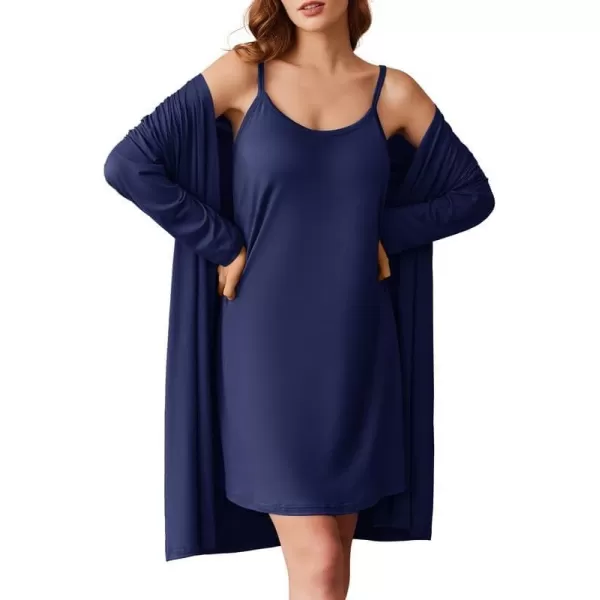 imageEkouaer Robe Sets for Women 2 Pieces Nightgown Long Sleeves Bathrobe Soft Sleepwear 2024 S2XLNavy Blue