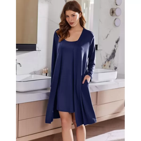 imageEkouaer Robe Sets for Women 2 Pieces Nightgown Long Sleeves Bathrobe Soft Sleepwear 2024 S2XLNavy Blue