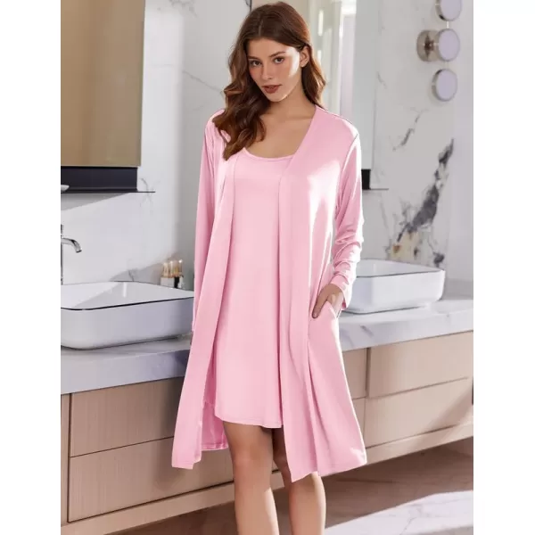imageEkouaer Robe Sets for Women 2 Pieces Nightgown Long Sleeves Bathrobe Soft Sleepwear 2024 S2XLPink