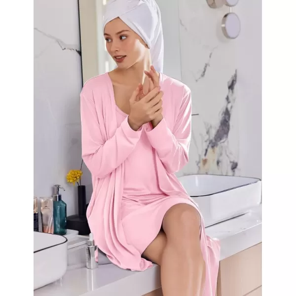 imageEkouaer Robe Sets for Women 2 Pieces Nightgown Long Sleeves Bathrobe Soft Sleepwear 2024 S2XLPink