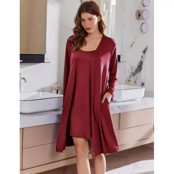 imageEkouaer Robe Sets for Women 2 Pieces Nightgown Long Sleeves Bathrobe Soft Sleepwear 2024 S2XLWine Red