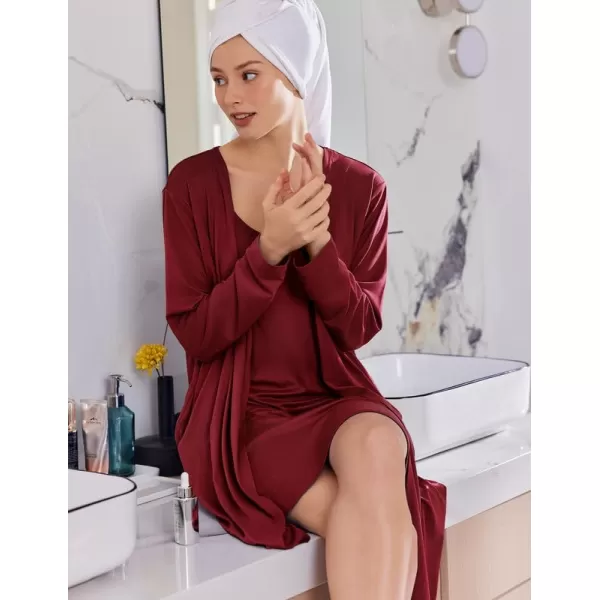 imageEkouaer Robe Sets for Women 2 Pieces Nightgown Long Sleeves Bathrobe Soft Sleepwear 2024 S2XLWine Red