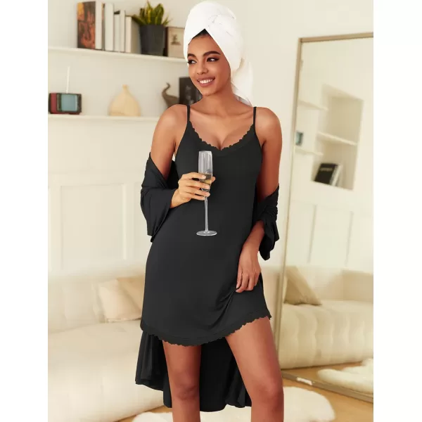 imageEkouaer Robes Womens Nightgown and Robe Set 2 Piece Sexy Lace Spaghetti Strap Lightweight Sleepwear with Pockets SXXLBlack