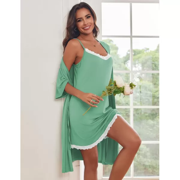 imageEkouaer Robes Womens Nightgown and Robe Set 2 Piece Sexy Lace Spaghetti Strap Lightweight Sleepwear with Pockets SXXLCeladon Green