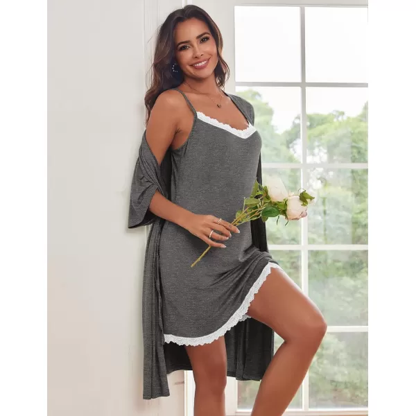 imageEkouaer Robes Womens Nightgown and Robe Set 2 Piece Sexy Lace Spaghetti Strap Lightweight Sleepwear with Pockets SXXLDark Gray