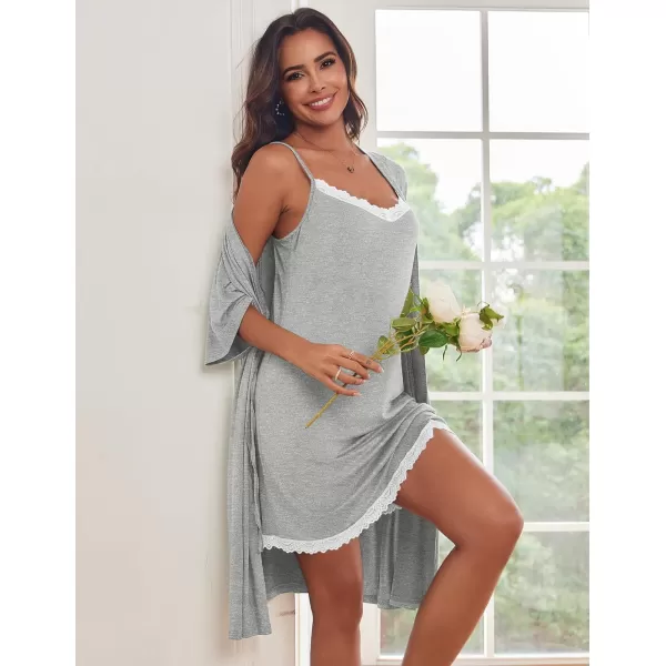 imageEkouaer Robes Womens Nightgown and Robe Set 2 Piece Sexy Lace Spaghetti Strap Lightweight Sleepwear with Pockets SXXLLight Gray