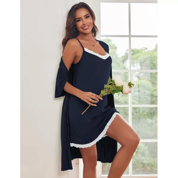 imageEkouaer Robes Womens Nightgown and Robe Set 2 Piece Sexy Lace Spaghetti Strap Lightweight Sleepwear with Pockets SXXLNavy Blue