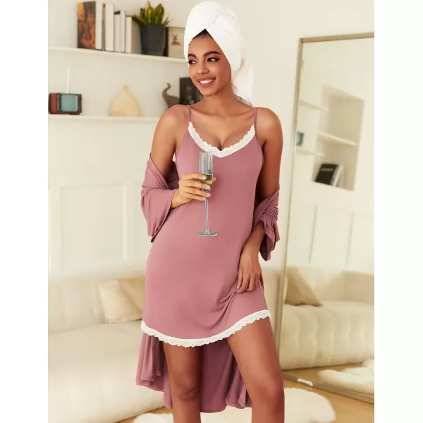 imageEkouaer Robes Womens Nightgown and Robe Set 2 Piece Sexy Lace Spaghetti Strap Lightweight Sleepwear with Pockets SXXLPale Violet Red