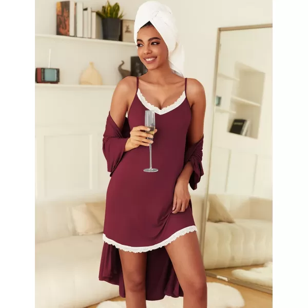 imageEkouaer Robes Womens Nightgown and Robe Set 2 Piece Sexy Lace Spaghetti Strap Lightweight Sleepwear with Pockets SXXLWine Red