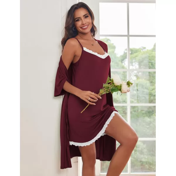 imageEkouaer Robes Womens Nightgown and Robe Set 2 Piece Sexy Lace Spaghetti Strap Lightweight Sleepwear with Pockets SXXLWine Red