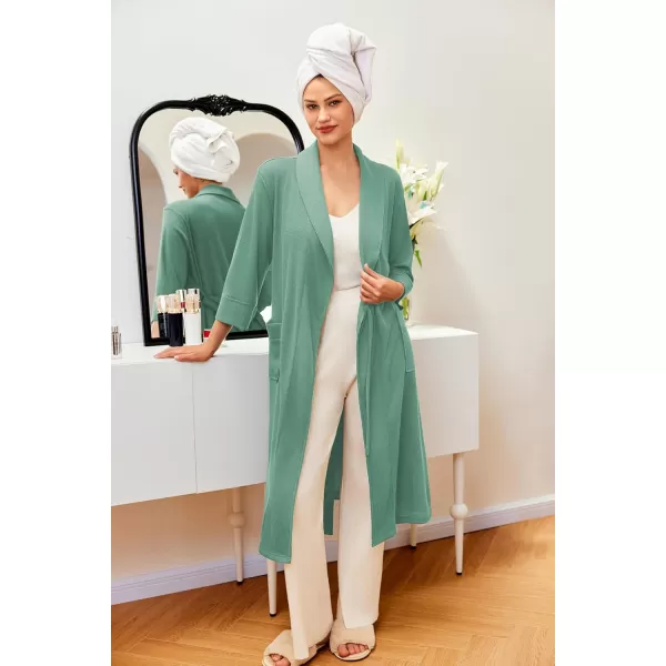 imageEkouaer Robes for Women Long Waffle Knit Bathrobe Lightweight Kimono Robe Soft Shawl Collar Spa Robes with Pockets SXXLLight GreenSmall Waffle