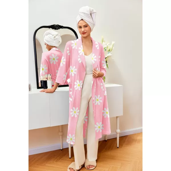 imageEkouaer Robes for Women Long Waffle Knit Bathrobe Lightweight Kimono Robe Soft Shawl Collar Spa Robes with Pockets SXXLLight Pink FloralSmall Waffle