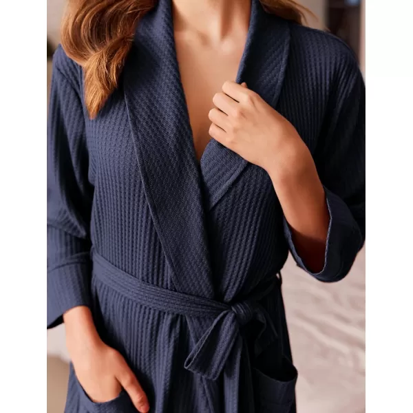 imageEkouaer Robes for Women Long Waffle Knit Bathrobe Lightweight Kimono Robe Soft Shawl Collar Spa Robes with Pockets SXXLNavy BlueBig Waffle