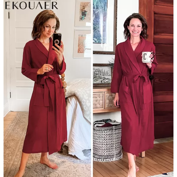 imageEkouaer Robes for Women Long Waffle Knit Bathrobe Lightweight Kimono Robe Soft Shawl Collar Spa Robes with Pockets SXXLWine RedBig Waffle