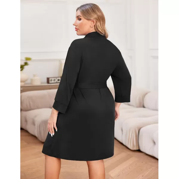 imageEkouaer Women Plus Size Robe Knee Length Lightweight Bathrobe Short Kimono Robes with Pockets Maternity Robe 1X5XBlack