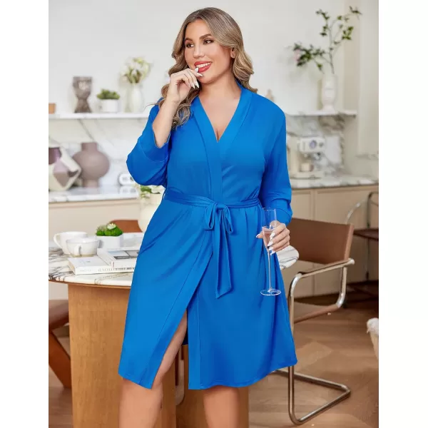 imageEkouaer Women Plus Size Robe Knee Length Lightweight Bathrobe Short Kimono Robes with Pockets Maternity Robe 1X5XBlue