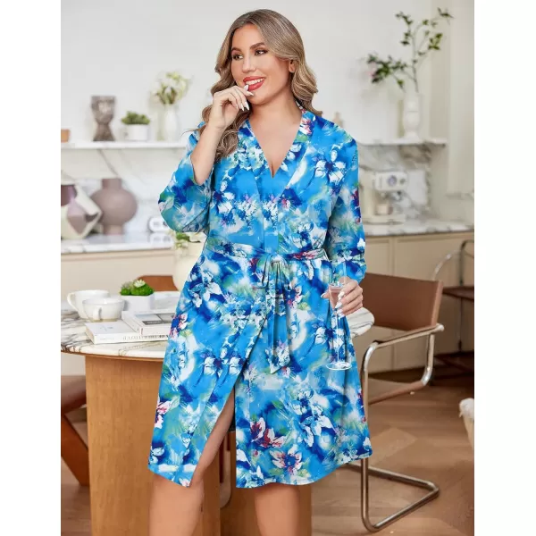 imageEkouaer Women Plus Size Robe Knee Length Lightweight Bathrobe Short Kimono Robes with Pockets Maternity Robe 1X5XBlue Fower