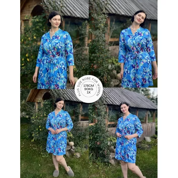 imageEkouaer Women Plus Size Robe Knee Length Lightweight Bathrobe Short Kimono Robes with Pockets Maternity Robe 1X5XBlue Fower