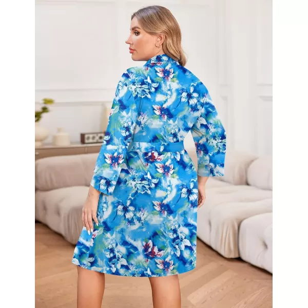 imageEkouaer Women Plus Size Robe Knee Length Lightweight Bathrobe Short Kimono Robes with Pockets Maternity Robe 1X5XBlue Fower