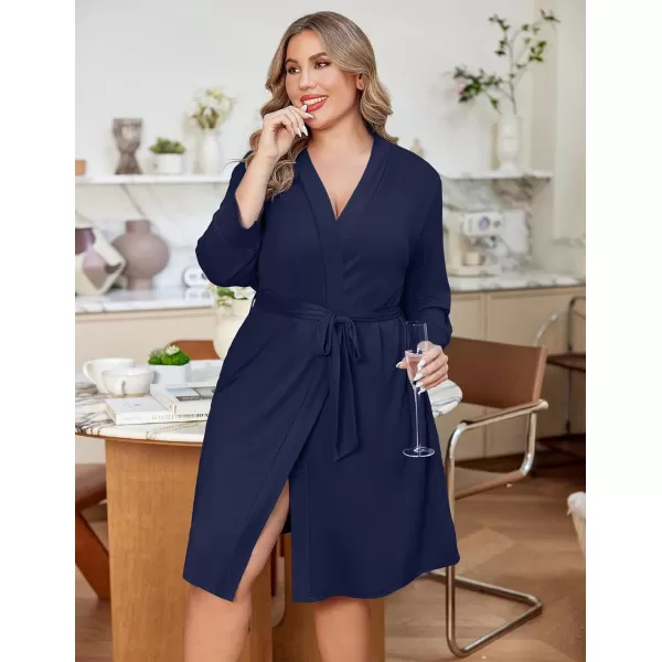 imageEkouaer Women Plus Size Robe Knee Length Lightweight Bathrobe Short Kimono Robes with Pockets Maternity Robe 1X5XNavy