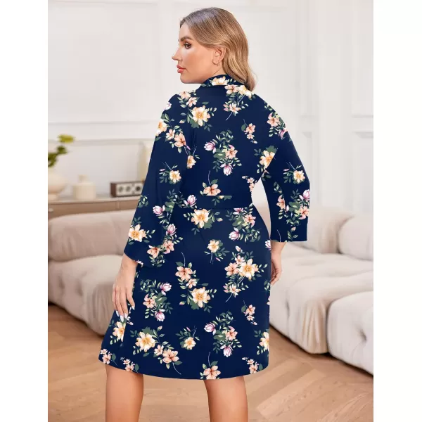 imageEkouaer Women Plus Size Robe Knee Length Lightweight Bathrobe Short Kimono Robes with Pockets Maternity Robe 1X5XNavy Floral