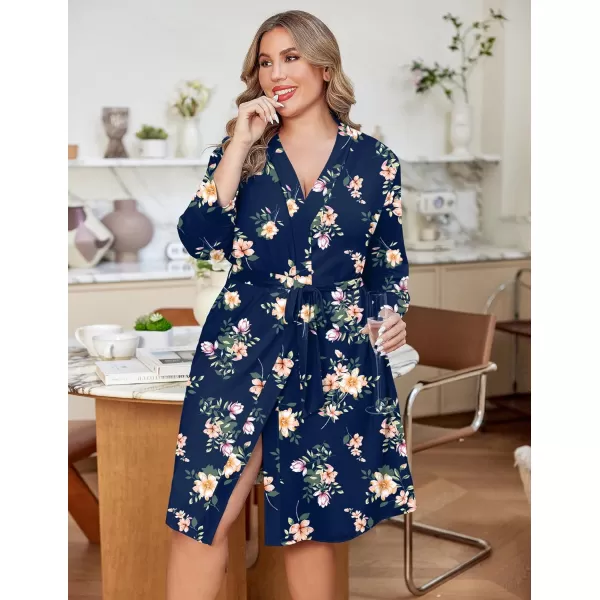 imageEkouaer Women Plus Size Robe Knee Length Lightweight Bathrobe Short Kimono Robes with Pockets Maternity Robe 1X5XNavy Floral