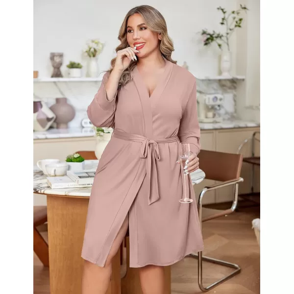 imageEkouaer Women Plus Size Robe Knee Length Lightweight Bathrobe Short Kimono Robes with Pockets Maternity Robe 1X5XPink
