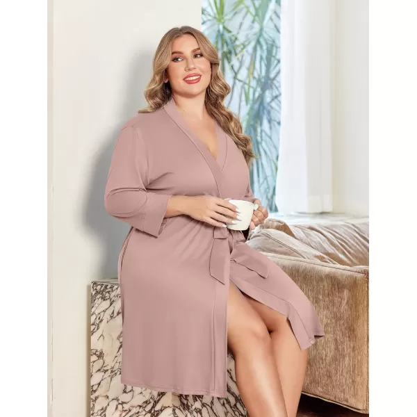 imageEkouaer Women Plus Size Robe Knee Length Lightweight Bathrobe Short Kimono Robes with Pockets Maternity Robe 1X5XPink