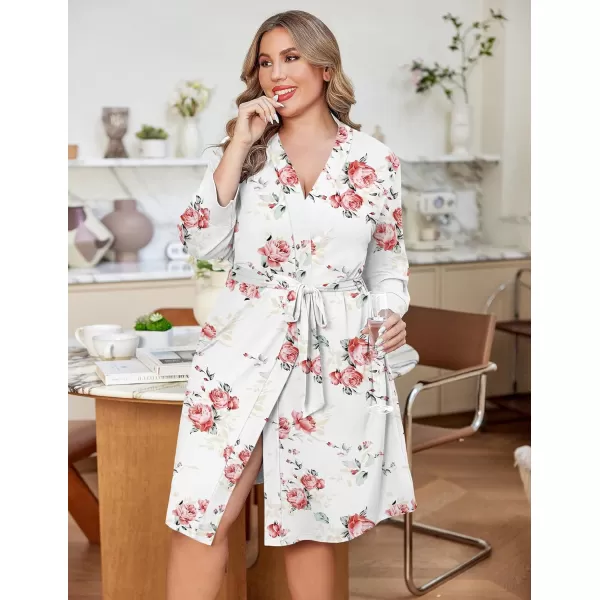 imageEkouaer Women Plus Size Robe Knee Length Lightweight Bathrobe Short Kimono Robes with Pockets Maternity Robe 1X5XWhite Floral