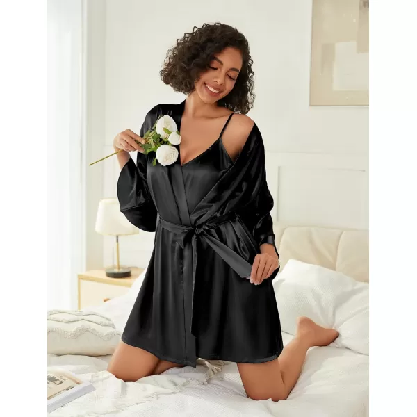 imageEkouaer Womens Silk Robe Set Vneck 2 Piece Bridal Party Robes and Satin Bathrobe Set with PocketsBlack