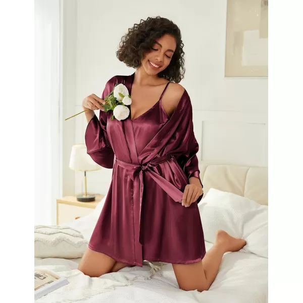 imageEkouaer Womens Silk Robe Set Vneck 2 Piece Bridal Party Robes and Satin Bathrobe Set with PocketsDark Red